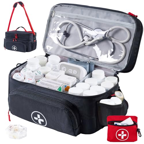 BAGSFY Medikamententasche – Doppelschichtiger Medikamenten-Organizer mit Mini-Erste-Hilfe-Tasche, leer, Erste-Hilfe-Tasche, abschließbarer Pillenflaschen-Organizer, medizinische Tasche,