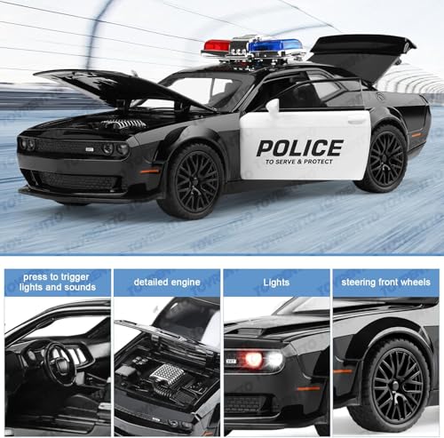 Image of 1:32 Die?Cast Dodge Challenger Hellcat Police Car Toy - Pull?Back, Light & Sound, Openable Doors /Hood /Trunk, Rubber Tires - Boys 3-12 Gift, Black