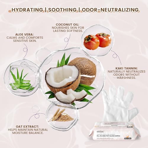 Image of IMMHABI 50 Count Cleaning Deodorizing Pet Glove Wipes for Dogs & Cats, Hypoallergenic Dog Bath Wipes with Natural Deodorizer Persimmon Tannin, Pet Bathing Wipes for Horse Coat Care Coconut Scent
