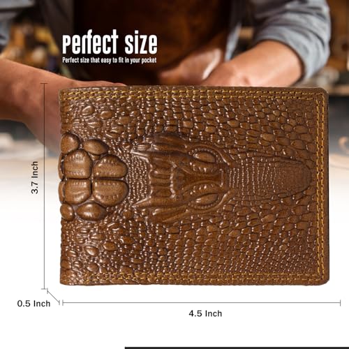 Image of Men's Top Grain Leather Wallet with Crocodile 3D Print | 8 Card Slots Bifold Wallet | RFID Protected (Tan)