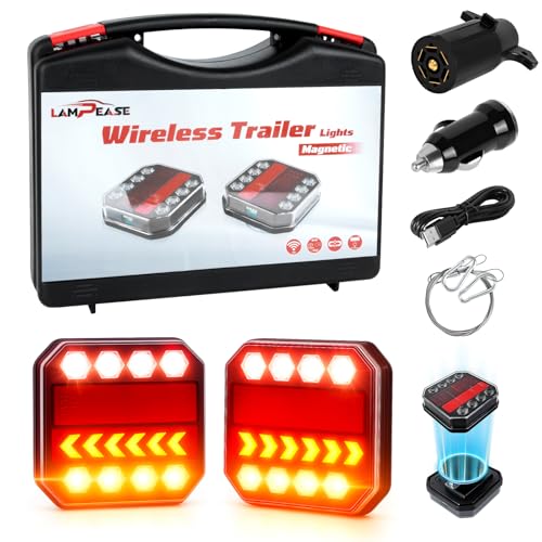 LAMPEASE Wireless Trailer Lights Magnetic New Rechargeable LED Trailer Light Kit with Brake Lights Turn Signals and Reverse Lights for Towing Truck Camper RV Boat