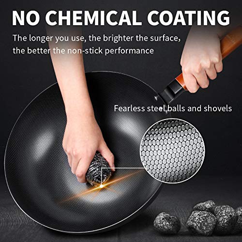 Wok Pan 12.5 Inch, No Chemical Carbon Steel Stir Fry Pan with Detachable Wood Handle, Scratch Resistant Flat Bottom Chinese Iron Pot For Electric, Induction & Gas Stoves, Oven & Dishwasher Safe