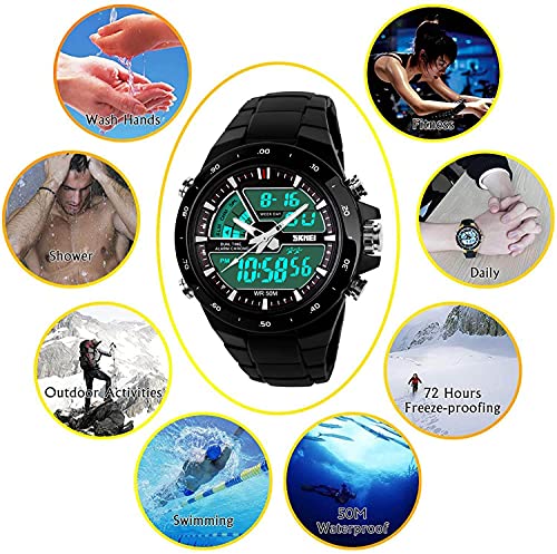 Fanmis Men's Analog Digital 50M Waterproof Sports Watch Military Multifunction Stopwatch Alarm Backlight Gold Watch (1_Black) #TOP6