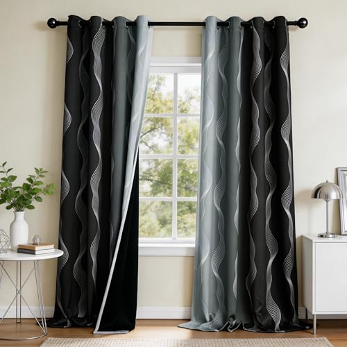 Image of MYSKY HOME Black and Greyish White 95% Blackout Ombre Curtains 96 inch Long 2 Panels Set for Living /Dining Room Geometric Patterned Black Out Thermal Insulated Grommet Drapes, 52 inch W Each Panel