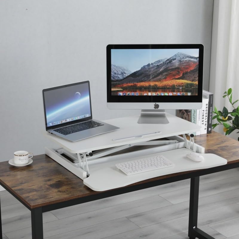 31 5 inch Standing Desk Converter White Adjustable Desktop Stand Up Desk Riser Dual Monitor and Laptop Workstation — view 3