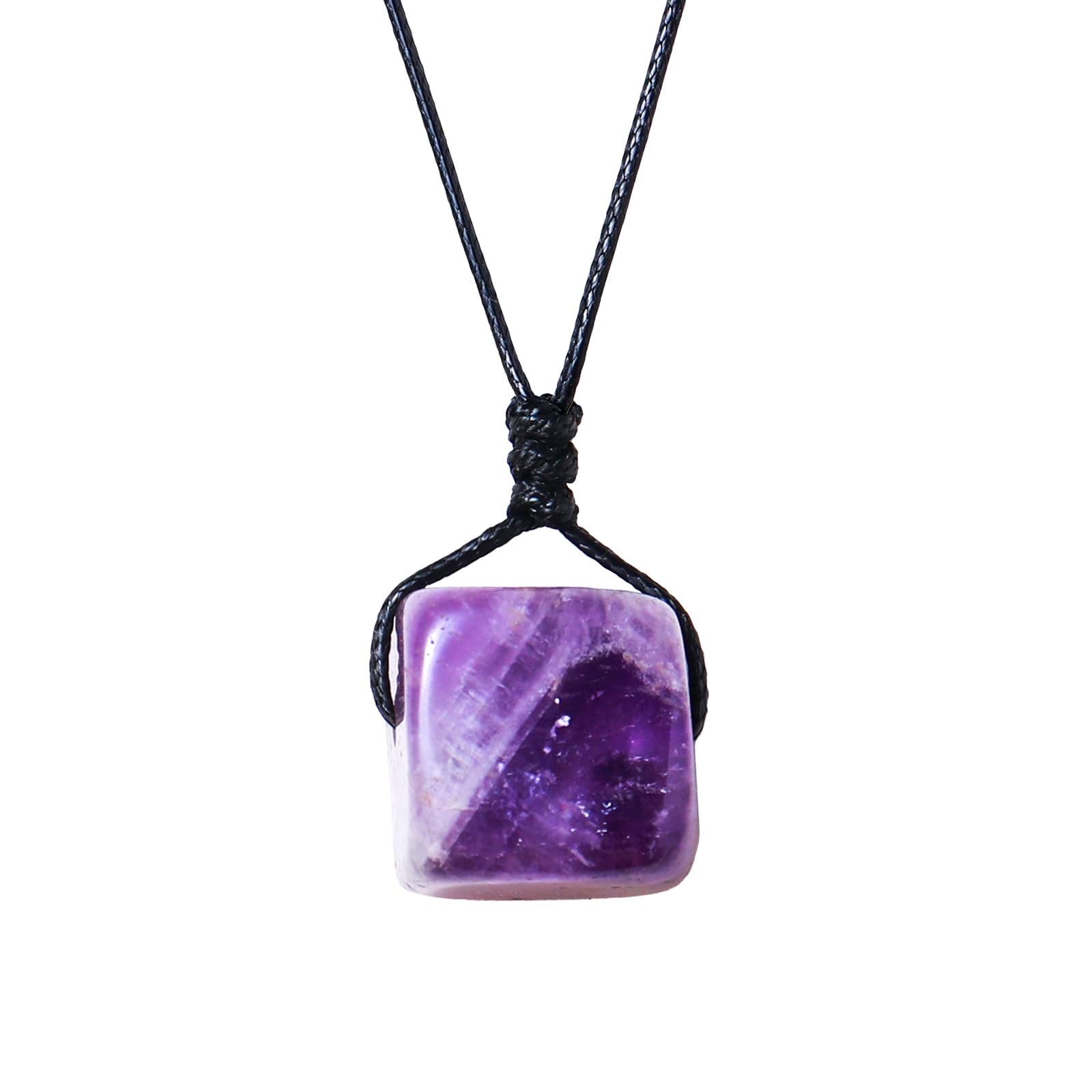 Runyangshi Natural Healing Crystal Dream Amethyst Square Pendant 0.59"-0.78"(1.5-2cm) Tumbled Polished Stones Necklace For Men Women Hand-Woven Rope Gift