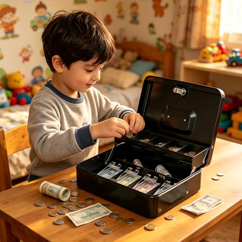 Image of KYODOLED Cash Box with Top Key Lock-0.7mm Metal Money Box for Flea Market Vendors, Craft Fairs & Small Business, Portable Cash Drawer with Auto-Pop Coin Tray & Windproof Bill Clips (11.8 inch, Black)