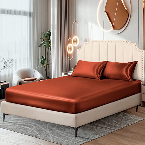 Image of Ersmak Satin Fitted Sheet Only, Luxury Silky King Fitted Sheet Ultra Soft Deep Pocket Bottom Sheet, Wrinkle & Fade Resistant - Rust Orange