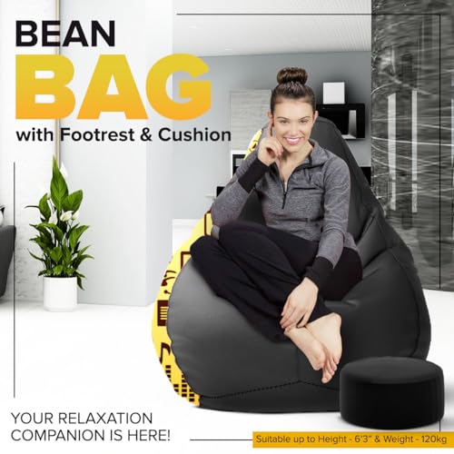 Image of Amazon Brand - Solimo Premium Faux Leather Bean Bag Combo with Footrest & Cushion, Filled with Beans | Capacity: Upto 6 Ft 3 in Height, 120 KG Weight | 3XL | Music | Black