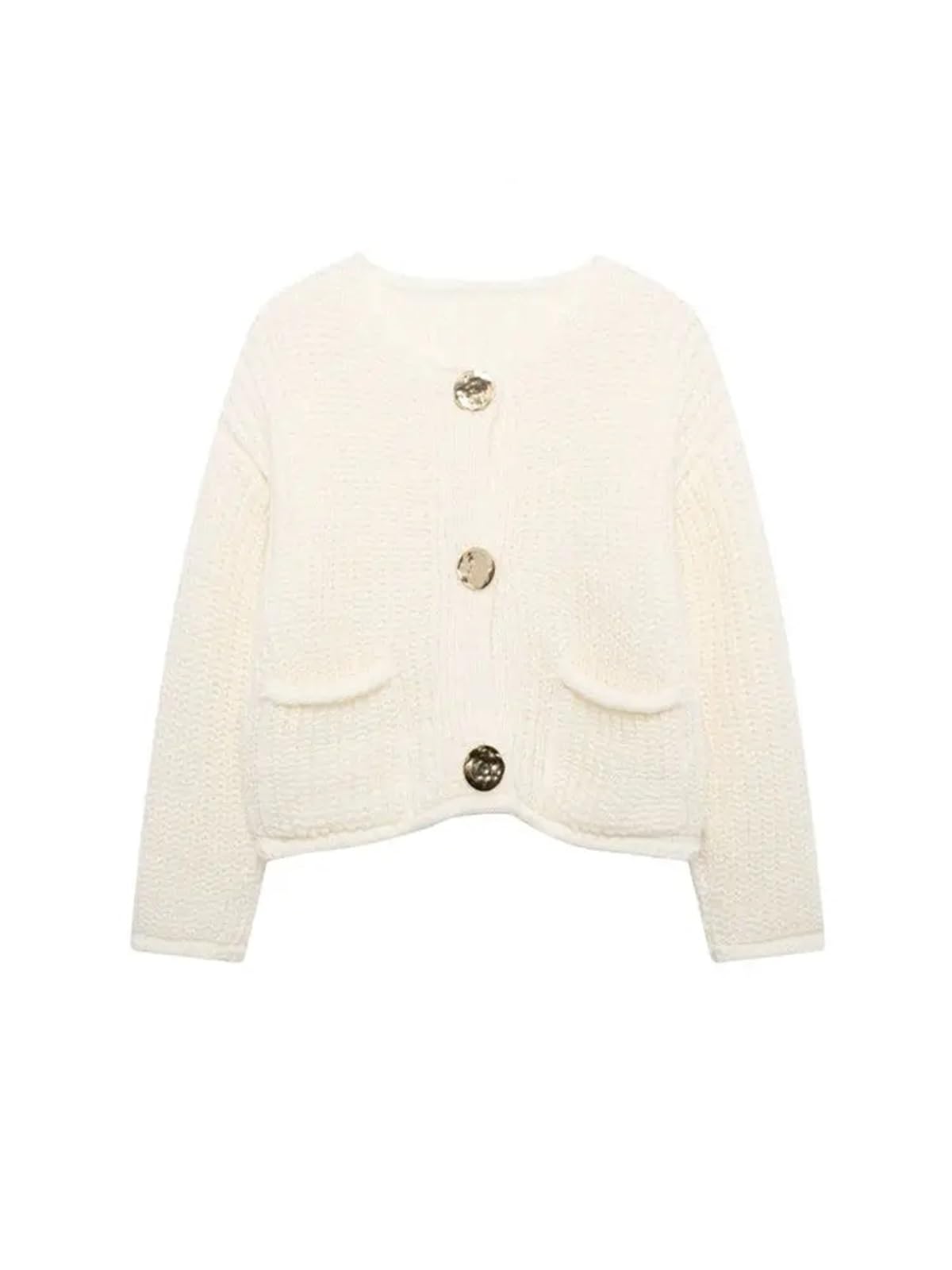 Suéter de Punto Manga Larga for Mujer, Botones Dorados, Bolsillos Parche Delanteros, Cuello Redondo, Prenda Exterior Femenina Cárdigan Mujer