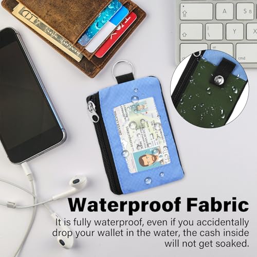 Image of Minimalist RFID Wallet with Lanyard, Multi-Functional ID Case with 2 Zipper Pockets and Key Chain for Men and Women, Tactical Badge Pouch Cards Holder, Coin Purse for Travel Sports - Green&Blue