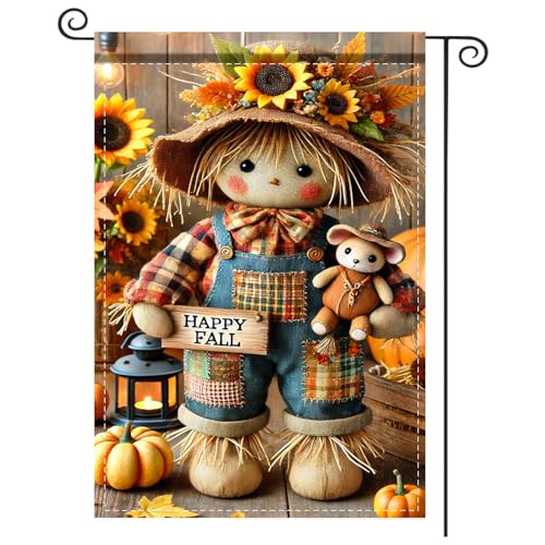Image of Nuxovilar 12x18 inch Scarecrow Bear Fall Garden Flag | Double-sided scarecrow and bear holiday flag for home outdoor porch decor.