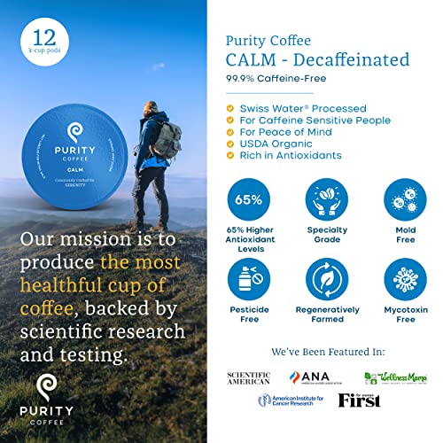 Purity Coffee Calm Decaf Medium Roast Organic Coffee - Usda Certified Organic Specialty Grade Arabica Single-Serve Coffee Pods - Third Party Tested For Mold, Mycotoxins & Pesticides - 12 Ct Box #TOP1
