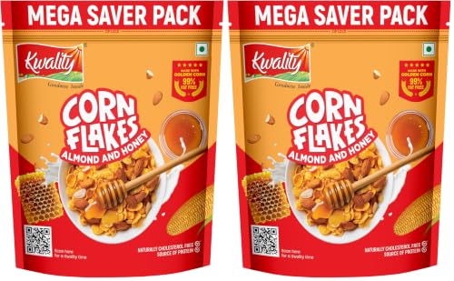 Image of Kwality Corn Flakes with Almond & Honey 1kg | Made with Golden Corns | 99% Fat-Free | High in Protein, Zero Cholesterol | Healthy Breakfast Cereal (Pack of 2)