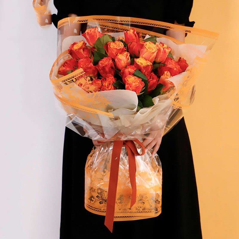 Image of Oasis Cellophane Sheets For Multipurpose Gift-Hamper Packaging 58x58cm, 20 Sheets, 50 Microns Flower Wrapping Transparent With Orange Vintage Print Border Sheet