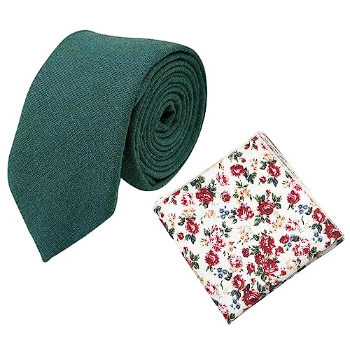 Cravate en coton mélangé vert émeraude avec pochette de costume
