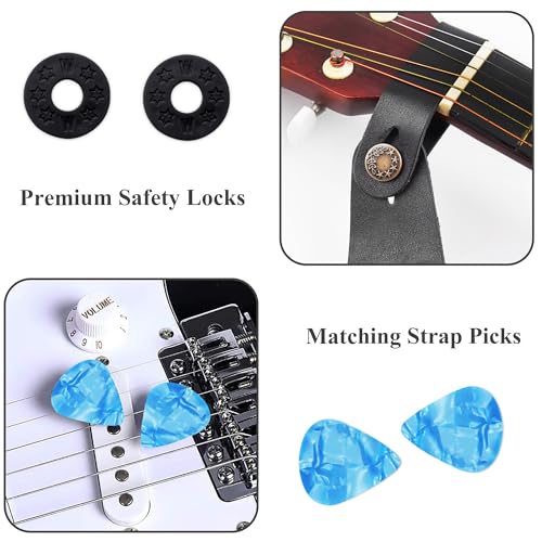 Image of Adjustable Guitar Strap Includes 2 Strap Locks & 2 Matching Picks & 1 Picks Holder & 1 leather Strap Button.