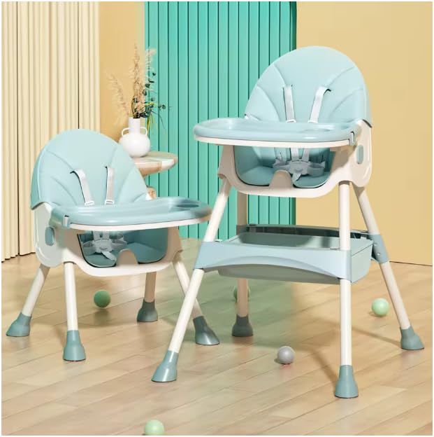 Image of Baby High Chair, Foldable Multifunctional Feeding Chair with Wheels, Removable Tray, Mint Green