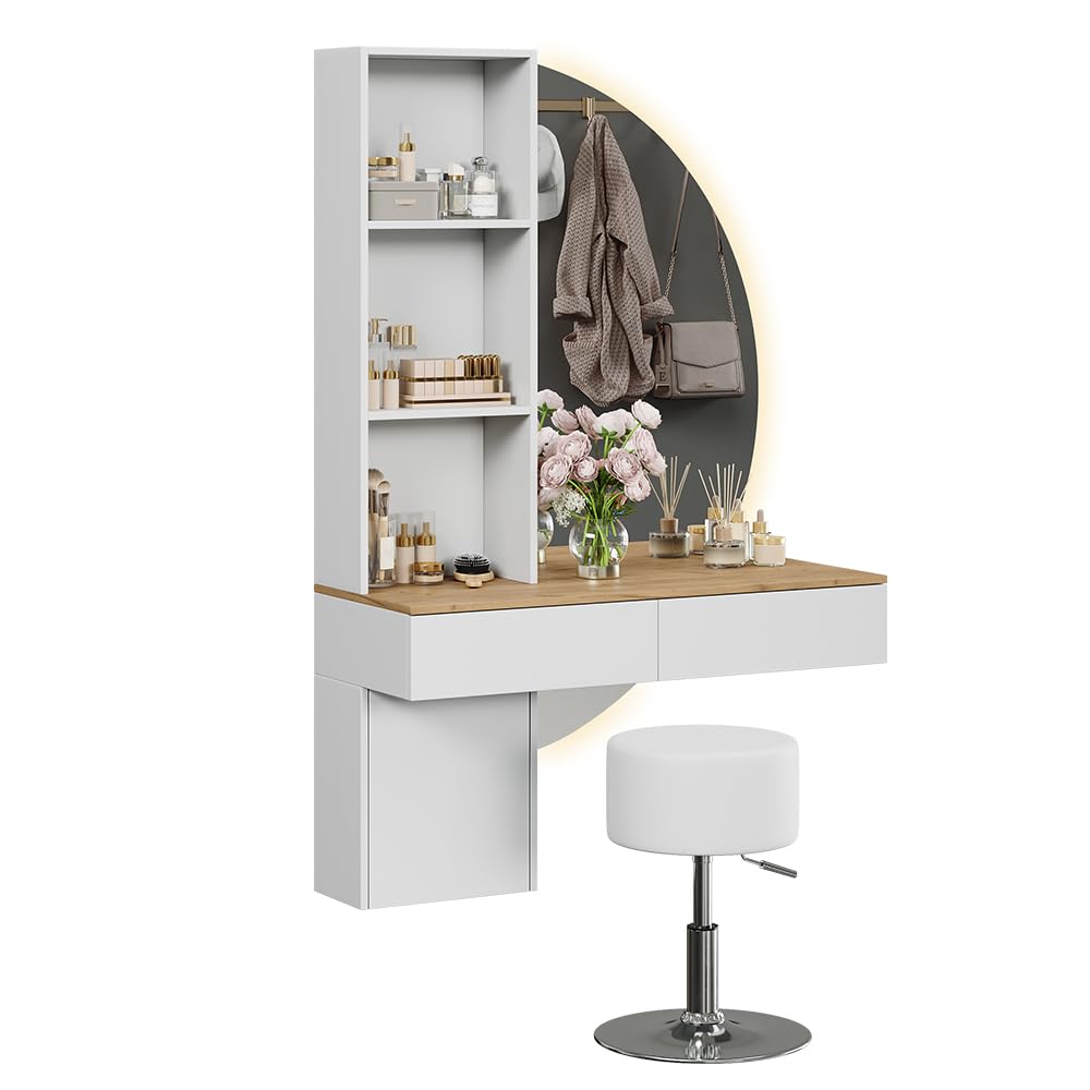 Vicco Tavolo da toeletta Melora, Bianco/quercia, 100 cm | con specchio LED e sgabello, per la conservazione di cosmetici e accessori