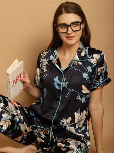 Image of Shararat Women's Satin Night Suit Shirt & Pyjama Set /Sleepwear /Lounge Night Wear /Night Dress, Blue
