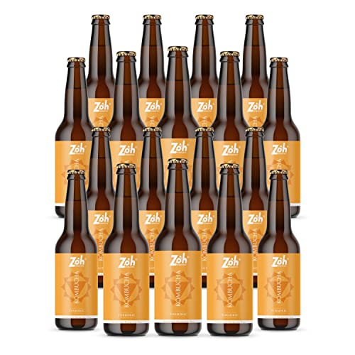 Image of Zoh Probiotics Turmeric Kombucha | Tea with detoxifying acids, and digestive enzymes. Raw, unfiltered, and unpasteurized with Mother. Made with Organic Turmeric, Amla & Tulsi (330 ml, Pack of 18)