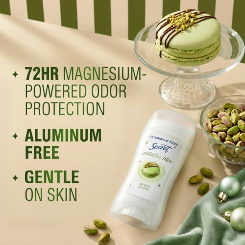 Image of Secret Aluminum Free Deodorant for Women, 72hr Magnesium Odor Protection with Pro-Hyaluronic Acid, PH Balancing Minerals, Holiday Dry Solid, Pistachio Bliss Scent, 2.4 oz
