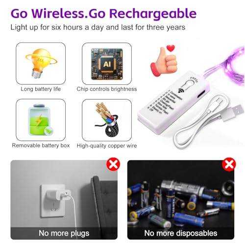 Image of 6 Pack Rechargeable Fairy Lights with Remote & DIY Timer, 7ft 20LED Dimmable Silver Wire String Light for Mason Jar, Mini Twinkle Lights for Indoor Christmas Bedroom Wedding Decor, Purple