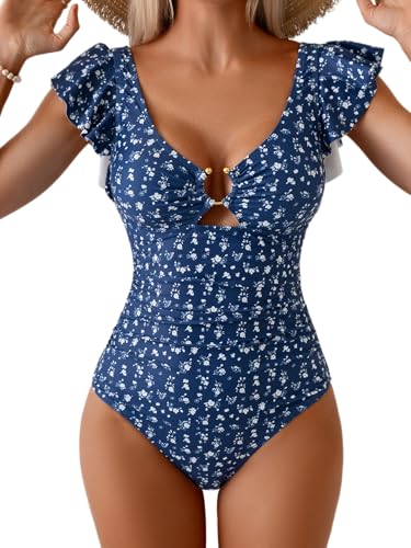 Image of Eomenie Womens Ruffled One Piece Swimsuit Slimming Tummy Control Bathing Suit V-Neck Cutout Swimwear for Resort Wear