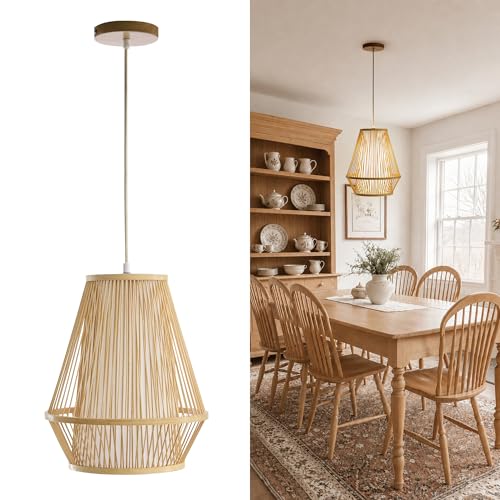 Image of 12 inch Boho Pendant Light, Bamboo Basket Hanging Lamp