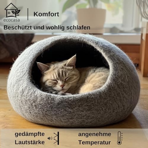XL Katzenhöhle Katzenbett Katzenhaus – feinste Romney Wolle – kräftig gefilzt – außen robust & innen kuschelig weich – 3 Farben – Hellgrau
