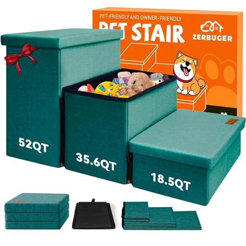 Image of Zerbuger Dog Stairs with Storage 18 inch H, 3-Step Wider Dog Steps for Small /Medium /Large Old Dogs Cats, Folding Sturdy Pet Stairs for Climbing Bed Couch, Ramp for Car Hold Up to 200 lbs, Dark Green