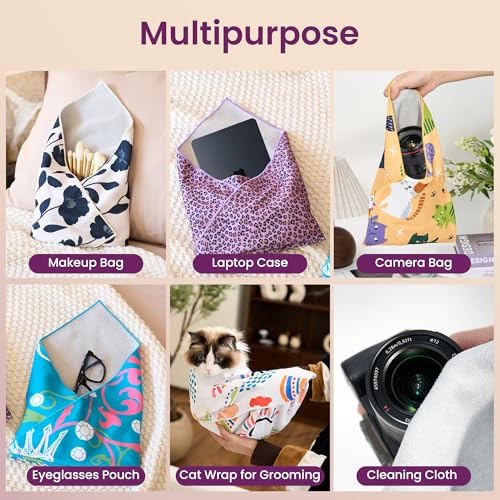 Image of Self-Adhesive Magic Cloth Portable lazy Makeup Bag Cosmetic Pouch Widely Used for Camera Lens Wrap,Protective Cover Laptop Sleeve,Folding,Washable(17.7 inch X 17.7 inchPurple Leopard)