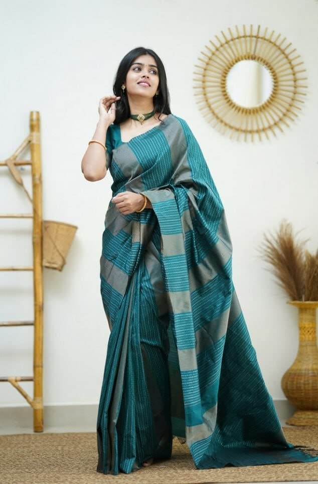 Flosive Women's Kanjivaram Pure Zari Woven Soft Silk Saree With Blouse Piece (Mix Color) (Green)