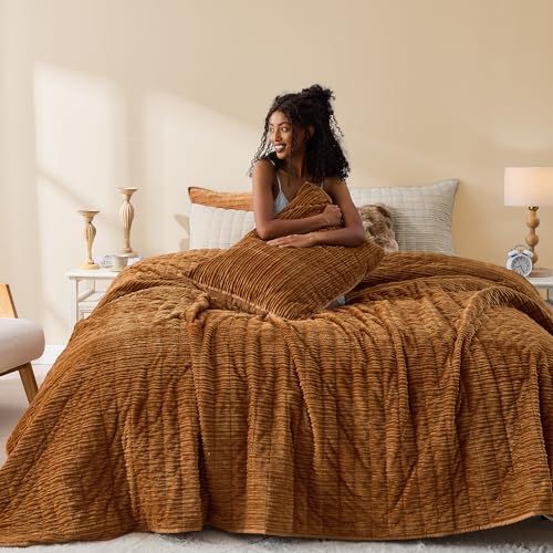 Image of Wonderful Corduroy Texture Caramel Quilt Set Queen - Hypoallergenic Skin-Friendly Soft Plush Velvety Touch Bedspread, Classic Vertical Striped Lightweight Coverlet for All Season, 94 inchx94 inch