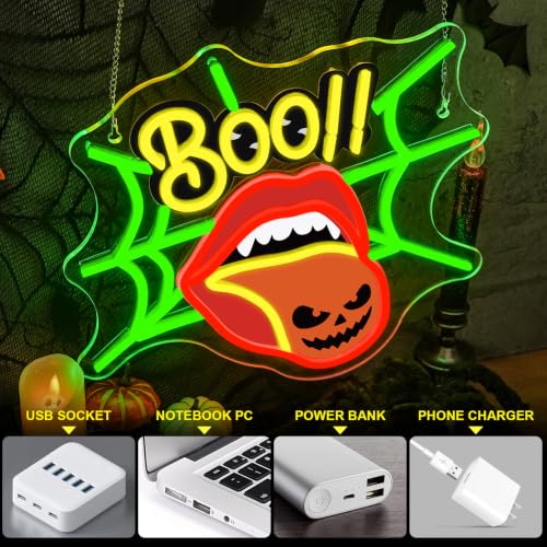 Image of Halloween Neon Sign BOO Neon Light Creepy Tongue Spider Web Wall Decor