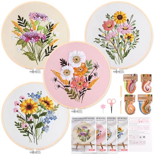 Homwiz Kit Bordado Completo, 4 Kits Bordado Principiantes Incluye 2 Bastidor Bambú para Bordar, Hilos Colores, Instruccion, Embroidery Kit Infantil Manualidades DIY (Florescencia)