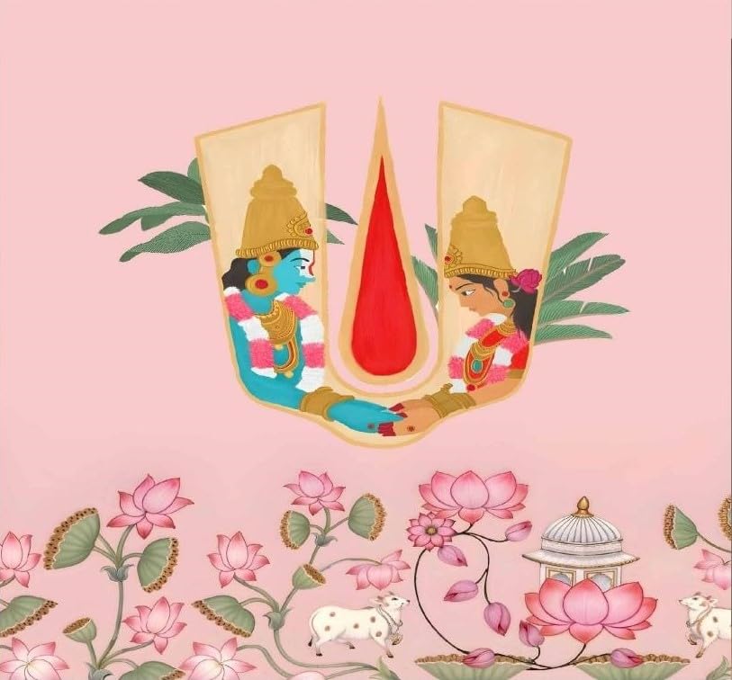 Image of Light Pink Background with a Central Sacred Namam with Lord Venkateswara and Padmavathi Holding Hands, Big Pink Lotuses, White Cows, and a Temple Dome Backdrop 8x8 Feet | varalaxmi vratham Backdrop