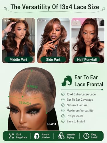 Image of KLAIYI Auburn Chestnut Brown Loose Body Wave Pre Everything Glueless 13x4 Lace Front Wigs Human Hair Drawstring Precut Lace Pre Plucked Bleached Ready to Wear and Go Wig with Face Framing Bang 26Inch