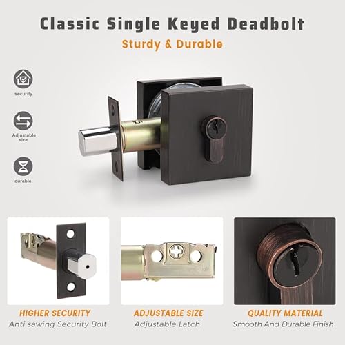 Knobwell 3 Pack Square Single Keyed Deadbolts Keyed Alike, Oil Rubbed Bronze Deadbolts Lockset For Exterior Doors/Entry Lock/Front Gate, Keyed Outside & Thumb Turn Inside #TOP3