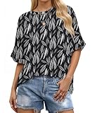 WNEEDU Camisetas Manga Corta Mujer Verano 2026 Blusas Cuello Redondo Top Suelta Básicas Túnica Oversize Tshirt Negro Lunares Hoja 3XL Tallas Grandes