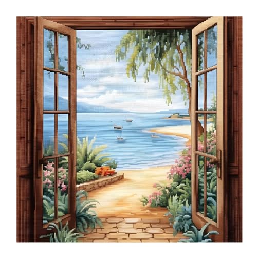 Xinpinzhou Kit Punto de Cruz con Hilos y Tela Impresa, Cuadros en Cross Stitch Embroidery Bordar Punto de Cruz Kit Bordado Completo Esquemas para Principiantes Patrones Contado Paisaje Fuera la Puerta