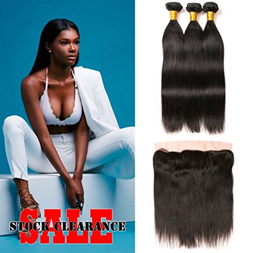 Brazilian Straight Human Hair Bundle With Pre Plucked Lace Frontal Ear To Ear 13x4 Base Silky With Baby Hair Unprocessed Virgin Hair Bundle Double Weft Sew In Hair Wet And Wavy 1b（18 20 22 +16Frontal）
