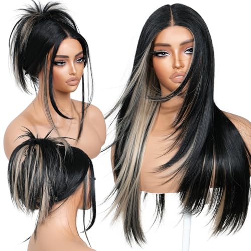 BrownBomb Black Blond Skunk Stripe Wear and Go Glueless Wigs