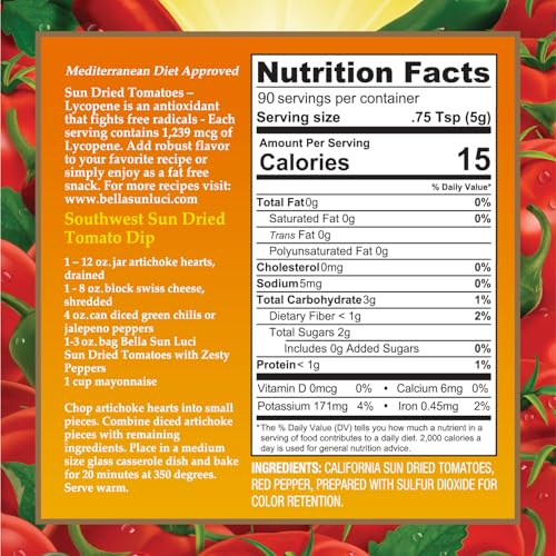 Image of Bella Sun Luci Sun Dried Tomatoes with Zesty Peppers Julienne Cut, Mediterranean Style Sun‑Ripened Tomatoes with Bold Spicy Pepper Flavor, Kosher, Vegan, Gluten‑Free, Premium Ingredient for Pasta, Salads & Sandwiches