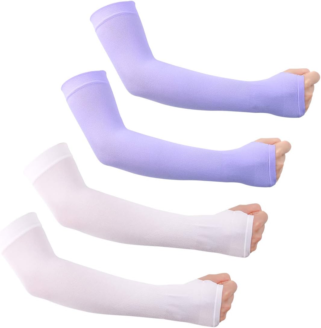 Arm Sleeves for Men Women,UV Sun Protection Cooling Sleeves to Cover Arm Tattoo for Driving Cycling Golf Fishing (4 Pairs With Thumb Hole (2 White/2 Purple))