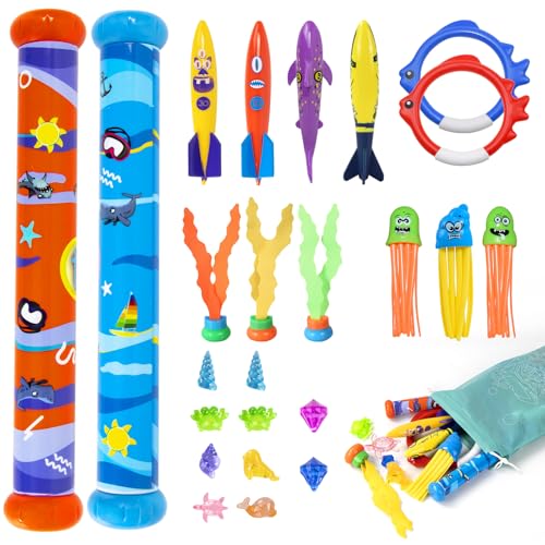 Conjunto de 24 brinquedos de mergulho para piscina, jogo de mergulho para crianças, brinquedo subaquático para crianças, piscina ao ar livre, brinquedo de natação para 5, 6, 7, 8, 9-12 anos, meninos e