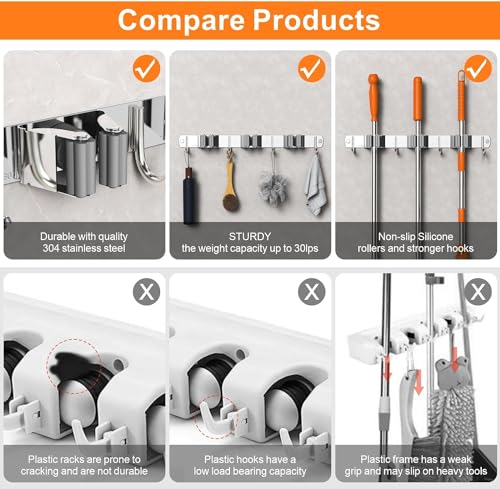 Image of Enclave Stainless Steel Mop and Broom Holder Wall Mounted Adhesive Storage Solutions for Broom mop etc, Garage Storage Systems Broom Organizer. (4 RACK 5 HOOK /SILVER, PACK OF 1)