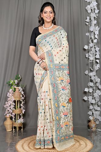 Image of DipDiya Cotton Traditional Bengali White Kantha Stitch Saree with blouse piece