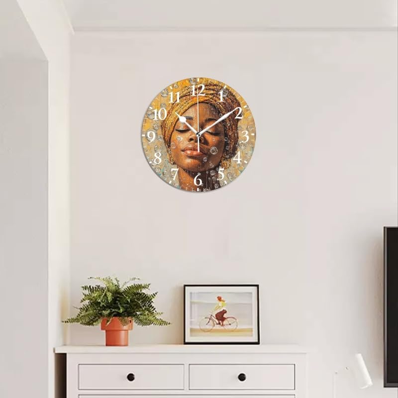 Battery Operated Round Wall Clock Non-Ticking Silent Analog Clcok Decorative for Living Room,Office,Kitchen-African Woman with Bubbles Lovely 1(16inch)