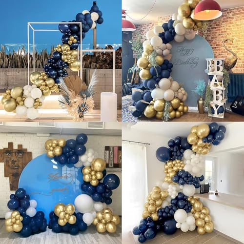 Image of Chrome Balloons, 50pcs Navy Blue Gold Chrome Metallic Balloons | Navy Blue Sand White Metallic Gold Balloon Garland Kit for Boys Men Birthday Wedding Anniversary Decoration